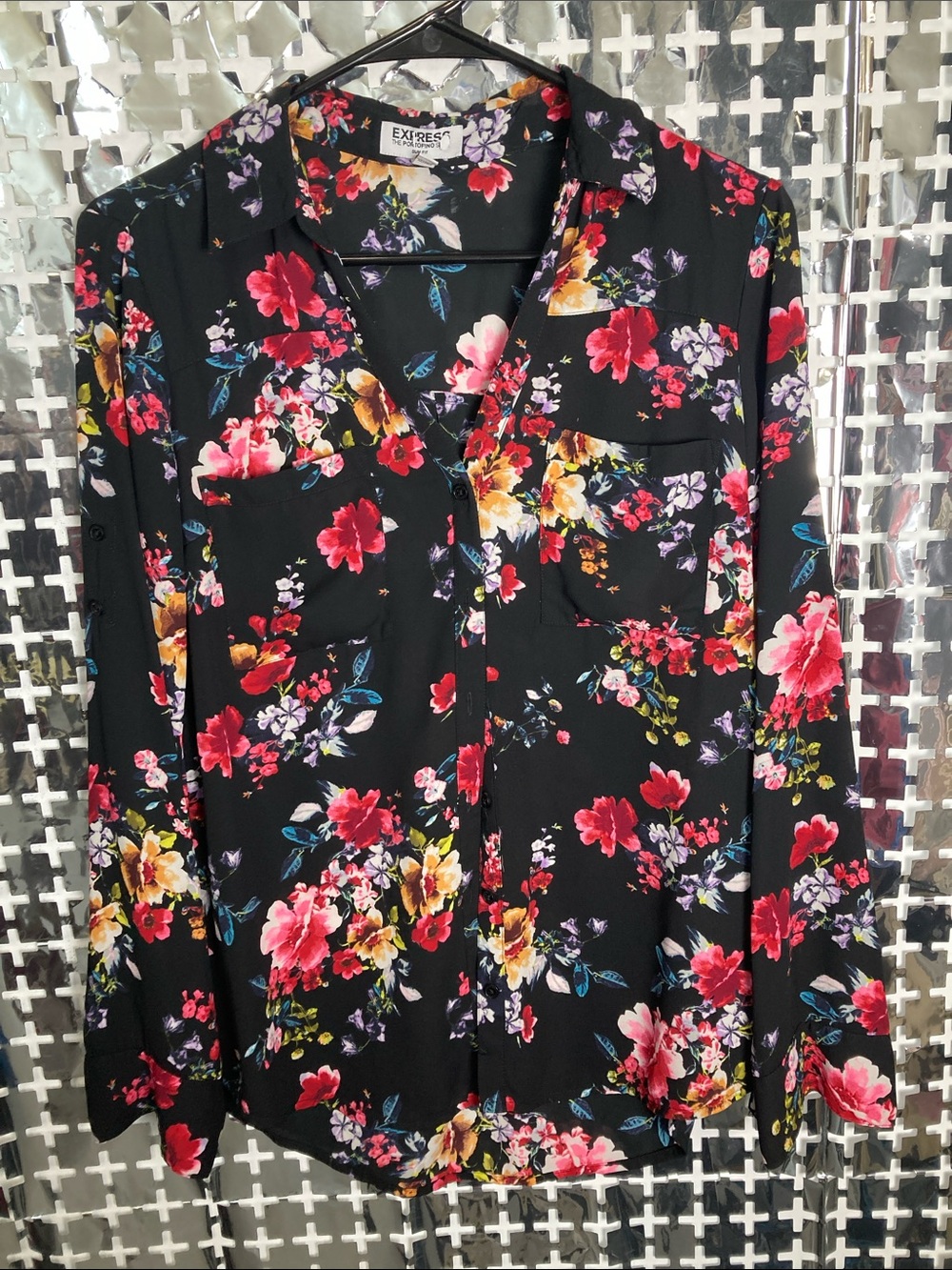 Express Black Floral Button-Up Blouse with Pink, Yellow & Blue Accents